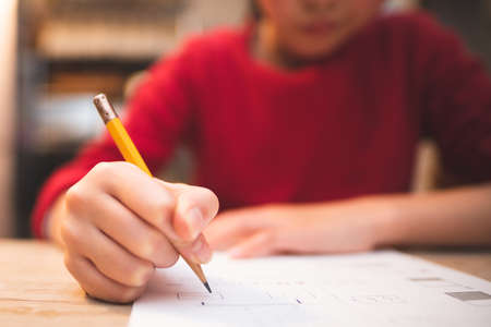 A girl studying seriously at homeの写真素材