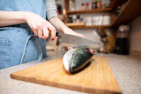 Female cooking raw fish in the kitchenの写真素材