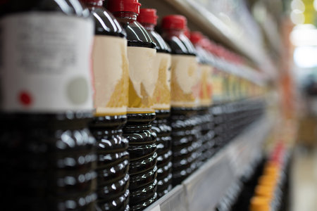 Lots of soy sauce lined up on the shelvesの写真素材