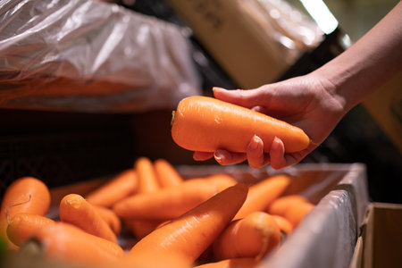 Woman's hand choosing carrots in supermarketの写真素材
