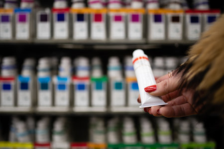 A woman's hand choosing paintsの写真素材