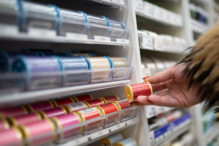 Woman's hand choosing sewing threadの写真素材