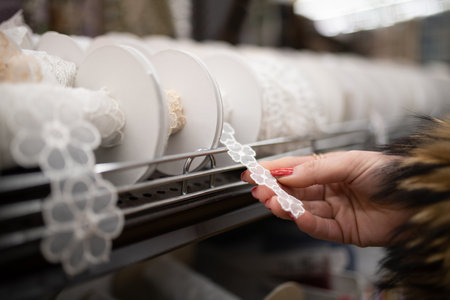 Woman's hand choosing lace ribbonの写真素材