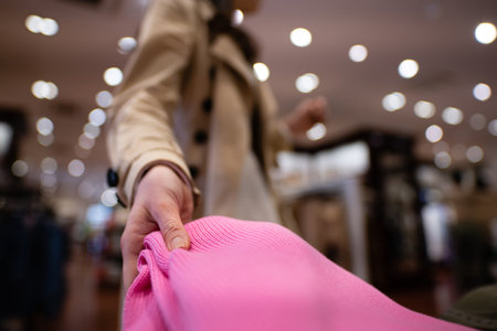 Female hands choosing clothes in the storeの写真素材