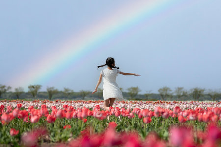 A girl playing in a flower garden with a rainbowの写真素材