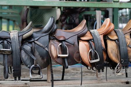 Many saddles lined up and dried in the sunの写真素材
