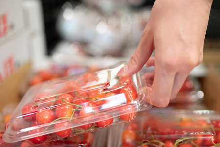 Young woman buying fresh cherry in supermarket, closeup of handsの写真素材