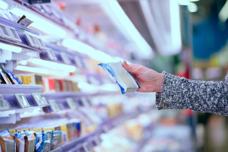 Woman's hand choosing sliced cheese in Japanese supermarket