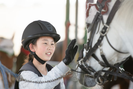 Girl riding a horse in equestrian park, closeup portraitの写真素材