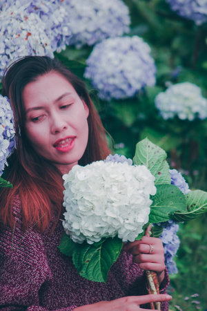 Women sitting in the garden of hydrangea flowers