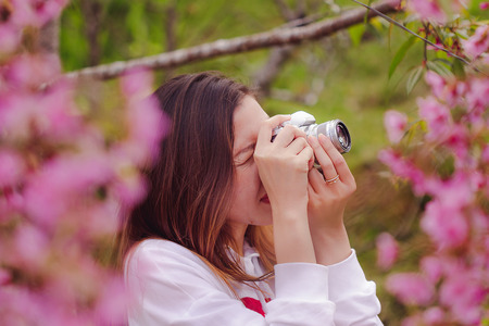 Women taking pictures of pink flowers are blooming beautifully in nature.の写真素材