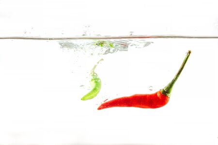 Red chilli, water splashes, isolated on a white backgroundの写真素材