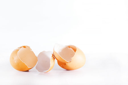 Broken egg isolated on white background, broken egg shell from impact