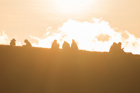 Travelers silhouettes against the orange light of sunset on the mountains.の写真素材