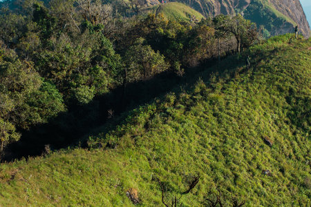 Tourists walk on a high hill to see the scenery on the mountain.の写真素材