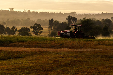 A man driving a lawn mower, a tractor working on the land.の写真素材