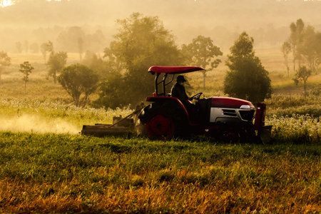 A man driving a lawn mower, a tractor working on the land.