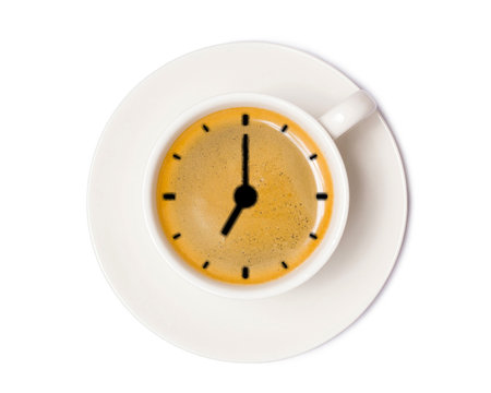 coffee cup with clock sign, top view isolated on white background, with clipping path.
