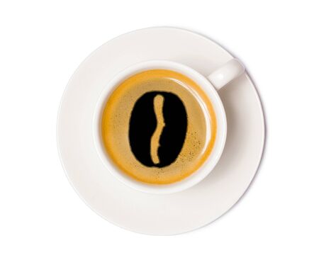 coffee cup with coffee bean sign, top view isolated on white backgroundの写真素材