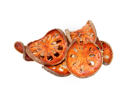 Dry Bael Fruit tea (Aegle marmelos) isolated on white backgroundの写真素材