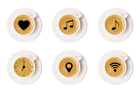 coffee cup assortment top view collection with heart sign, location sign, wifi sign, clock sign, isolated on white background.の写真素材