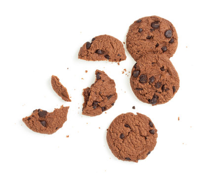 Top view of homemade chocolate chips cookies on white background.
