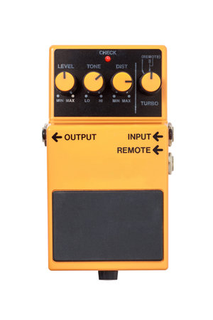 Stomp box electric guitar signal distortion orange effects foot pedal isolated on white background
