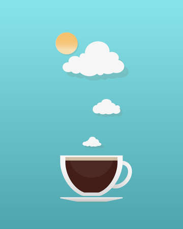 Cup of coffee with clouds and sunrise on blue backgroundのイラスト素材