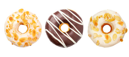 Chocolate donut and Donut with almond bean sprinkles isolated on white background top view