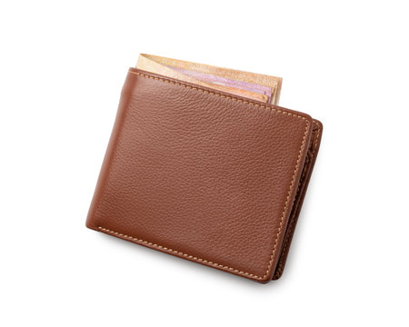 Brown men's genuine leather wallet with banknotes and credit card inside isolated on white...
