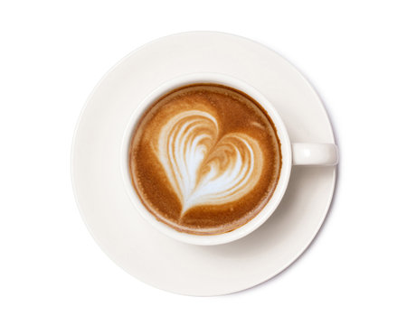 Coffee cup of art latte with froth heart shaped  isolated on white background. with clipping path.の写真素材