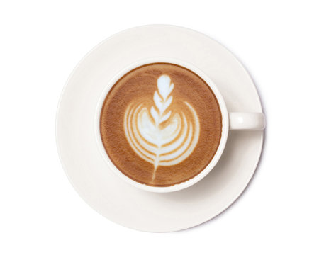 Coffee cup of art latte with froth tulip shaped  isolated on white background.の写真素材