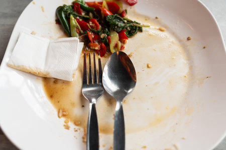 Spoon, forks, tissue paper, and leftover food on the white plastic plate after eatingの写真素材