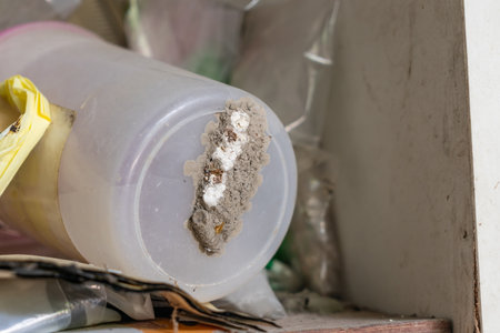 A ceriana wasp nest at the bottom of a plastic cylinder that has not been used for a long time.の写真素材