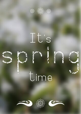 Spring print - spring time - with doodle letters and mandala as a decoration element on blur floral backgroundのイラスト素材