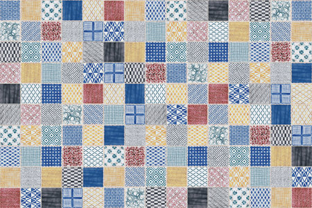 Colourful Portuguese mosaic tiles azulejos with abstract patterns texture background.