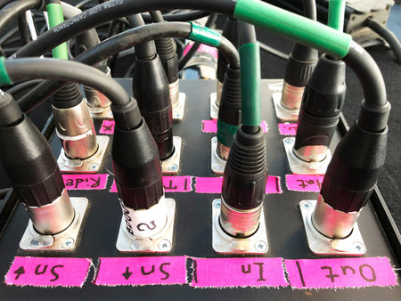 Microphone sound cables connected to the signal box on the stage. Plugged XLR cables.