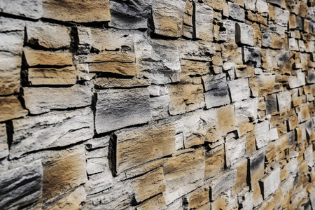 Grey and brown stone panel wall with rough surface texture background. Angle view.