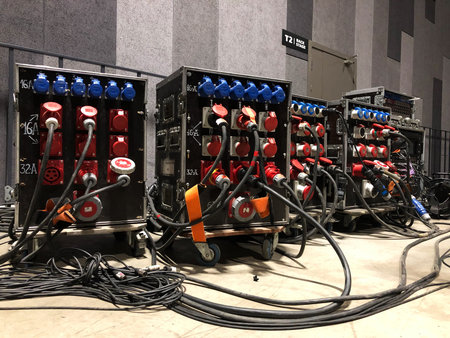 Electric power distribution boxes with power and signal cables. Installation of professional...