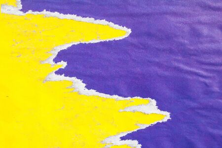 Yellow and purple old torn and peeling paper posters texture background.の写真素材