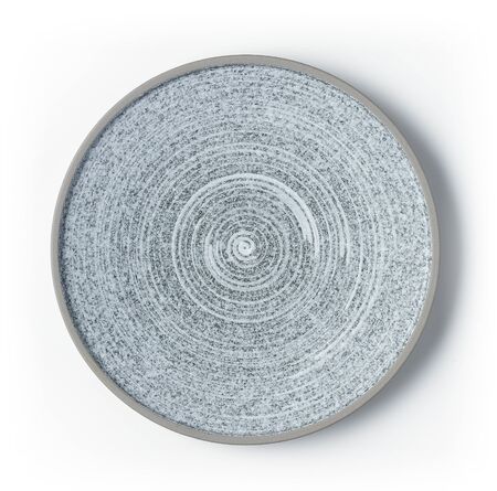 White and grey round ceramic plate with pattern isolated on white background. Top view.の写真素材