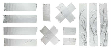 Set of different size silver gray adhesive tape on white background. Torn and crumpled pieces of gray sticky duct tape.の写真素材