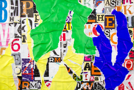 Colorful collage from clippings with letters and numbers. Torn and crumpled pieces of paper.