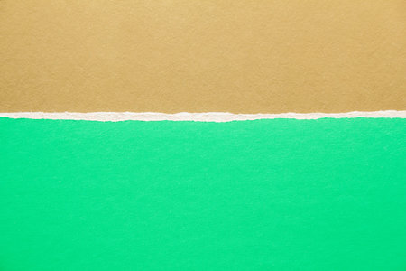 Golden brown and green torn sheet of cardboard paper texture background. Copy space for text...
