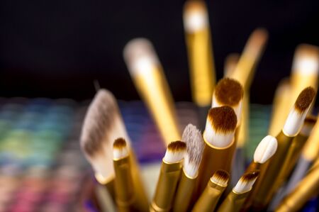Make-up brushes in front of makeup palettesの写真素材