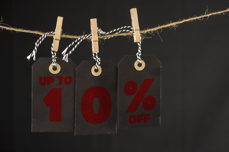 Close up shot of hanging tags that assemble 10 percent discountの写真素材