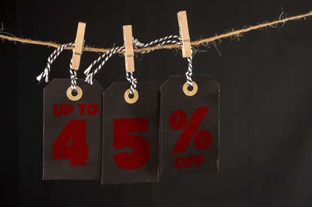 Close up shot of hanging tags that assemble 45 percent discountの写真素材