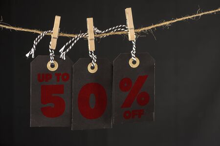 Close up shot of hanging tags that assemble 50 percent discountの写真素材