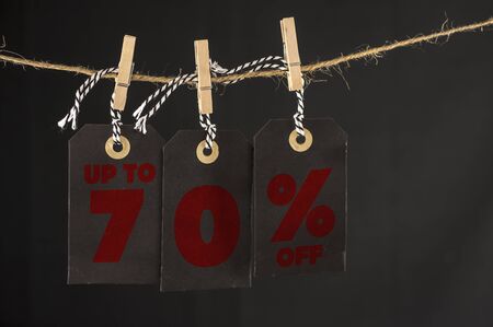 Close up shot of hanging tags that assemble 70 percent discountの写真素材