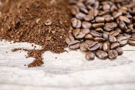 Coffee beans and ground coffee from above close upの写真素材